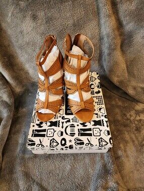 BAMBOO Cognac Strappy Perforated High Heel Sandals